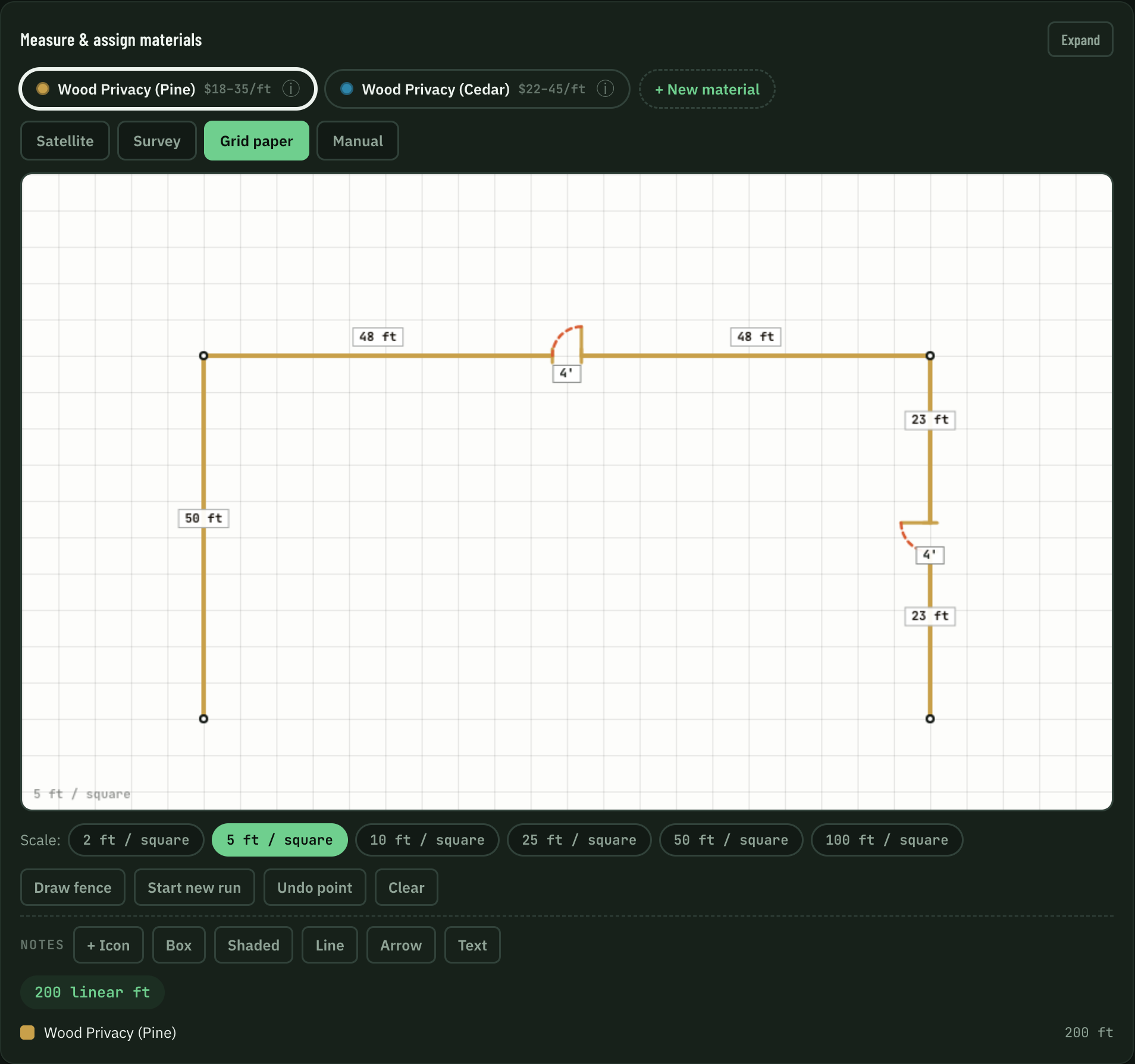 The Next Estimate cockpit with a fence drawn on grid paper: three runs totaling 200 linear feet, two 4-foot gates with swing arcs, and material chips showing per-foot rates