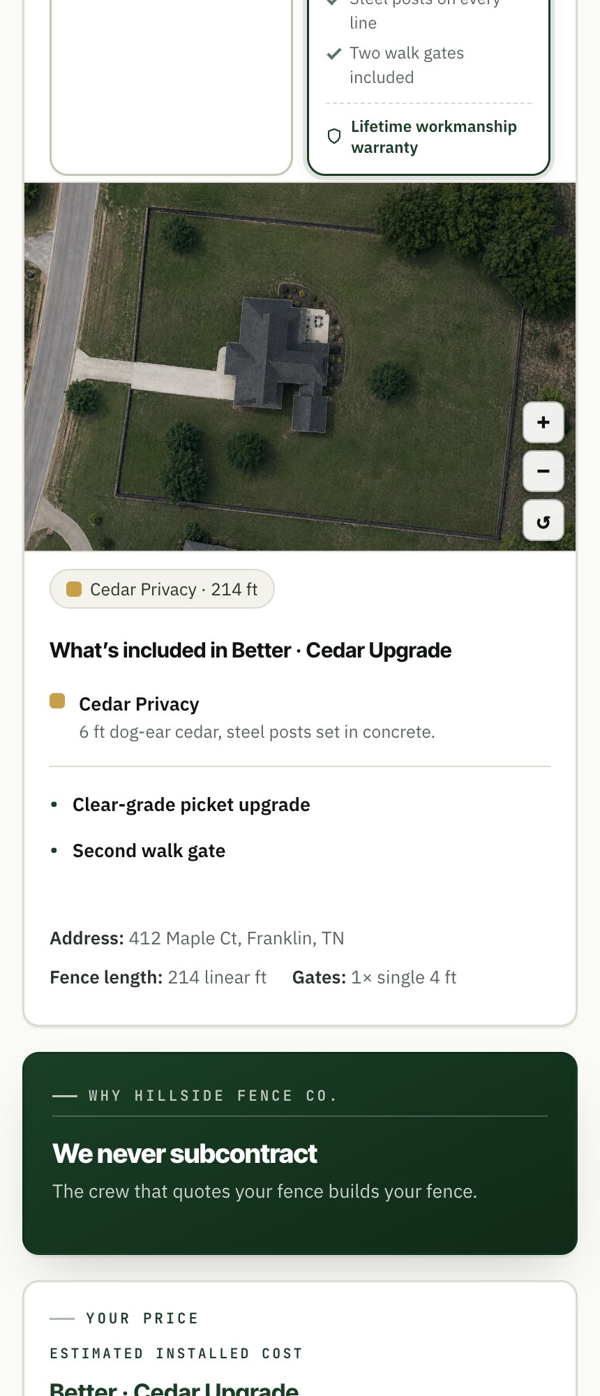 The homeowner's quote page on a phone: an aerial photo of their property with a 214 foot cedar privacy fence measured, what's included in the selected package, and the address and gate details