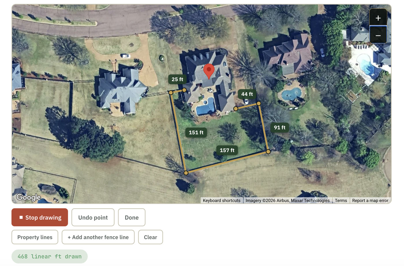 The instant estimator's draw step: a fence traced around a large backyard on satellite in five measured legs of 25, 44, 151, 157, and 91 feet, with a 468 linear feet drawn counter and buttons for property lines and adding another fence line