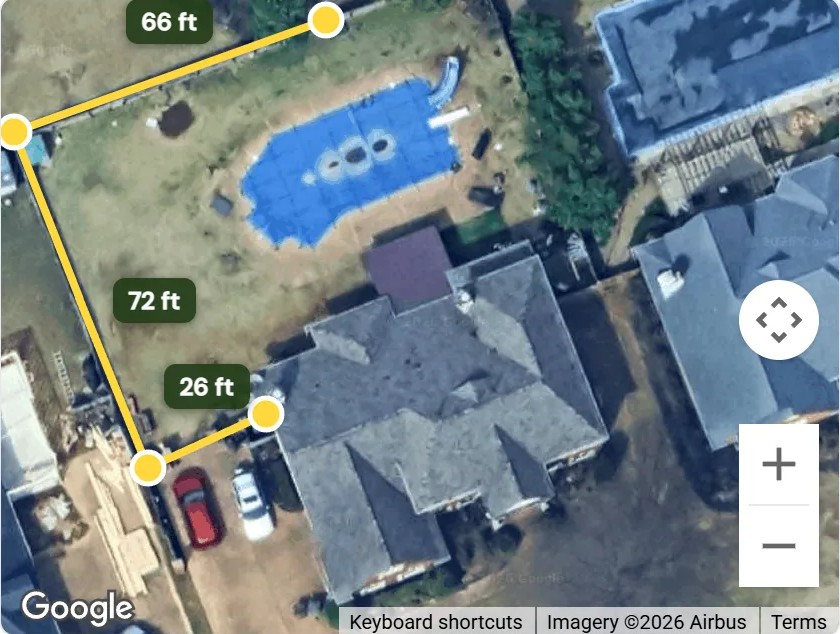 Satellite view of a backyard with a fence line traced around the pool: 66, 72, and 26 foot legs measured
