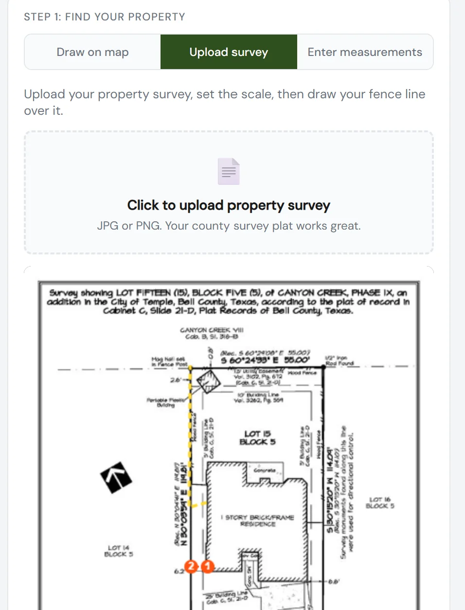 Upload survey tab showing a county property survey plat ready to trace a fence line over